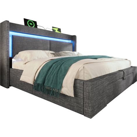 Polsterbett mit hydraulischem Stauraum und Kopfteil mit Aufbewahrungsfach, LED-Beleuchtung sowie USB & USB-C Anschluss, Holzlatten-Bettgestell, Leinen, ohne Matratz