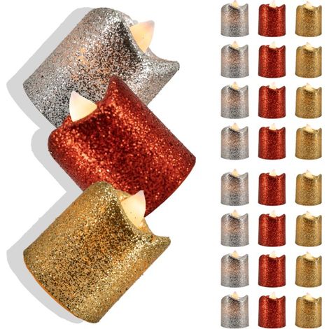 Bougies LED à paillettes, ensemble de 24 décorations de Noël, 4,5 cm, rouge, or, argent (1/5)