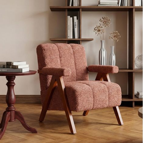 Fauteuil avec accoudoirs en chêne massif et bouclé rouille, style moderne Mid-Century,77x68.5x77 cm (1/5)