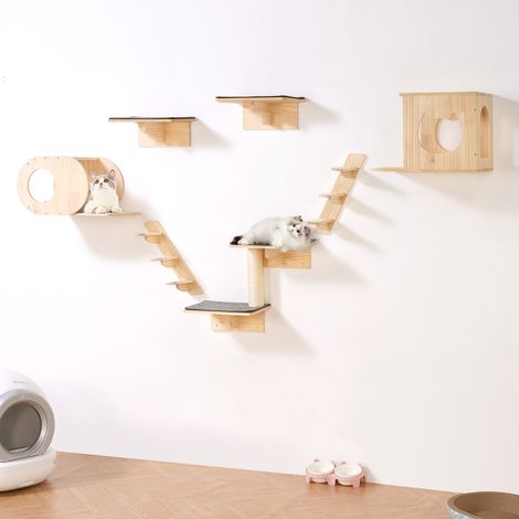 Vevor – Étagères murales pour chat – Lot de 7 – 2 planches à sauter, 2 nids, 2 hamacs – Charge 18,14 kg – Bois de pin naturel – Installation facile