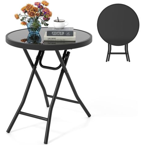 COSTWAY Table de Jardin Bistro Ronde Pliante de 46 cm, Table Basse Extérieur avec Plateau en Verre Trempé, Cadre en Métal Robuste pour Patio Balcon Terrasse, Charge 50 kg (Noir) (1/5)