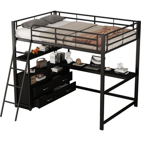 Cama alta 140x200 cm con escritorio en L, 4 cajones, estructura de metal y MDF, color negro, sin colchón, fácil montaje para dormitorio juvenil  CHICFURN (1/5)