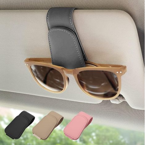 Porte-lunettes magnétique en cuir, support pour pare-soleil de voiture, compatible avec différentes tailles de lunettes, gris, lot de 2 (1/4)