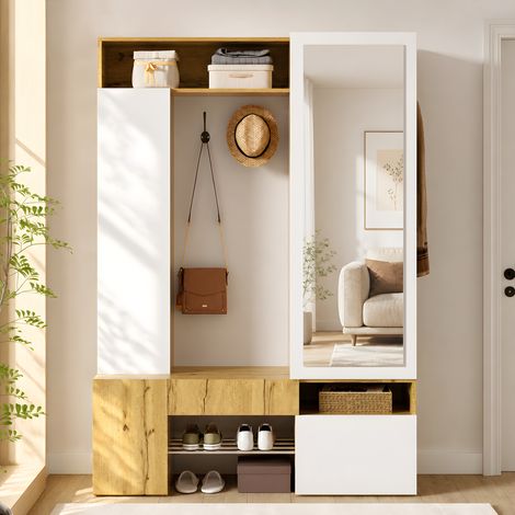 Meuble d'Entrée avec Miroir, Penderie, Tringle, Crochets et Rangement à Chaussures, MDF, Blanc et Naturel, 127×35×180.5 cm (1/5)