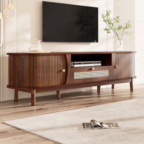 Mobile porta TV 165 cm, Mobile basso da soggiorno con ante scorrevoli e cassetti in rattan, in MDF e rattan intrecciato stile boho chic rustico, Noce (1/5)