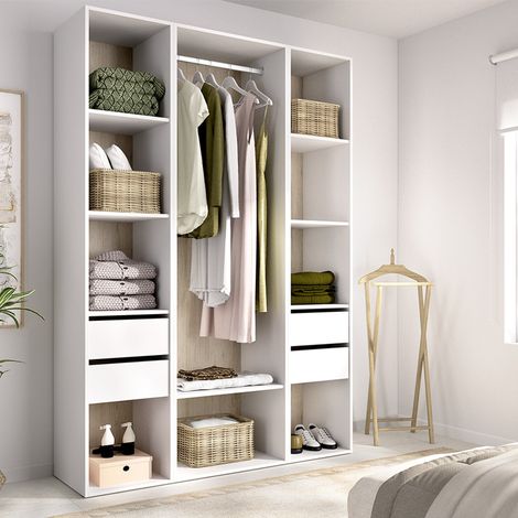Großer Bellwood Kleiderschrank, Schlafzimmer-Schrank mit 7 Regalen, Kleiderstange, 4 Schubladen, 45x205h cm Weiß (1/5)