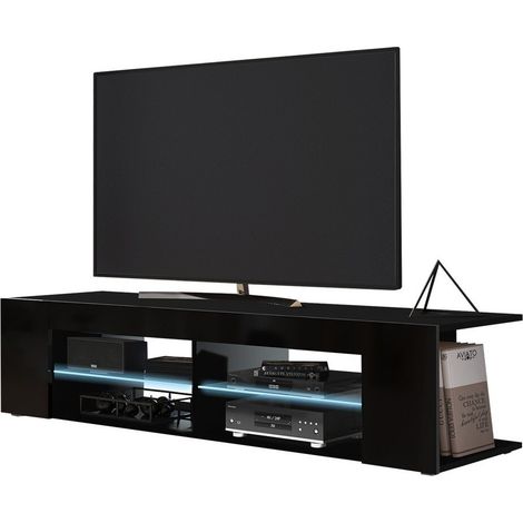 Meuble TV Ver, Noir + Noir brillant, Le nombre de portes: 0, Nombre de tiroirs: 0, 137x32x39cm, LED: Disponible