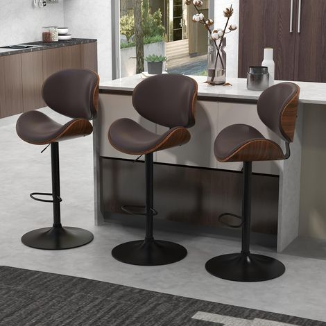 Lot de 2 tabourets de bar – 360° pivotants, réglables en hauteur, bois et similicuir, dossier ergonomique, repose‑pieds – Pour îlot de cuisine ou comptoir, marron (1/5)