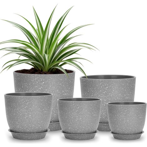 5 Pièces Pot de Fleur avec Soucoupes, 17.8/16/14/12.5/11.5 cm Pot Plante Plastique, Petit Cache Pot, pour Interieur Exterieur Jardin Succulentes Herbes-Gris Tacheté (1/5)