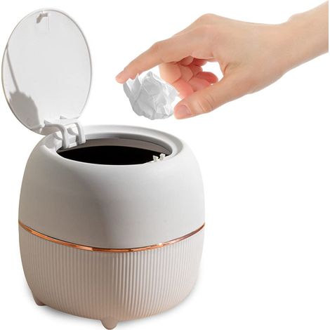 Mini cestino rotondo in plastica da scrivania con coperchio per casa, cucina, bagno e ufficio (bianco)