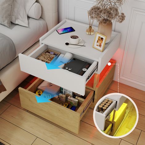 Table de chevet moderne à deux niveaux de style industriel, table d'appoint pour la chambre avec deux tiroirs, table de chevet avec éclairage d'ambiance, convient aux salons (blanc et bois naturel) (1/5)