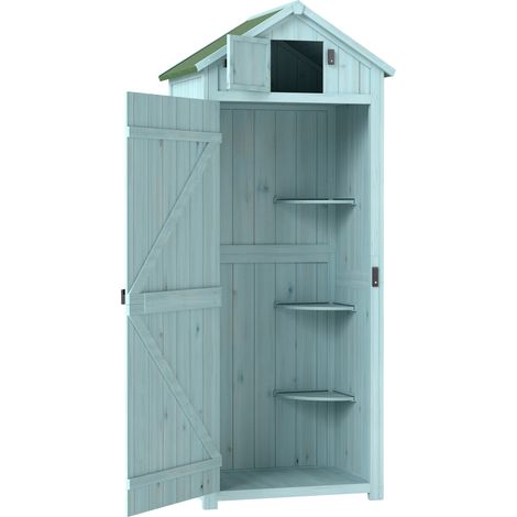 Armoire extérieure en bois pour jardin, rangement outils 3 étagères, 2 portes avec loquets, toit en pente bitumé, sapin traité bleu 77x54x179 cm (1/5)
