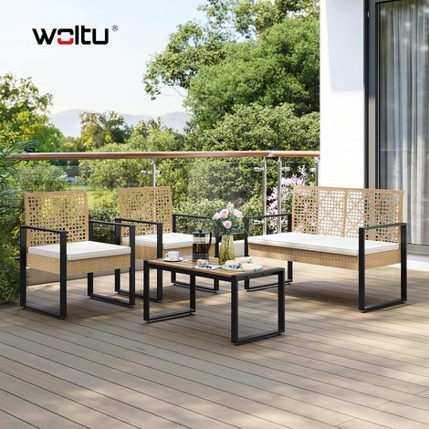 WOLTU Set Di Mobili da Giardino Salotto Salottino 4 Posti con Tavolo, Divano a 2 Posti e 2 Poltrone con Cuscini Rimovibili Per Giardino Esterno Piscina, Colore Legno Naturale