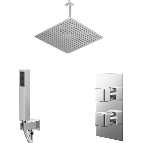 Cubix Polished Chrome Concealed Twin Thermostatic Shower Valve with Diverter and 400mm Square Head with 300mm Ceiling Arm and Outlet Holder with Kit - 2 Outlet (1/5)