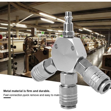 Connecteur pneumatique 3 voies collecteur diviseur pour tuyau air, raccord rapide adaptateur 1/4'' F-NPT, noyau en cupronickel et raccord en fer argenté 120x20mm 1 pièce (1/5)