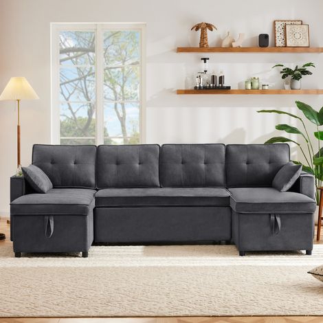 Canapé convertible en algodón y lino gris 270x130x86 cm, 4 plazas con almacenaje y portavasos (1/5)
