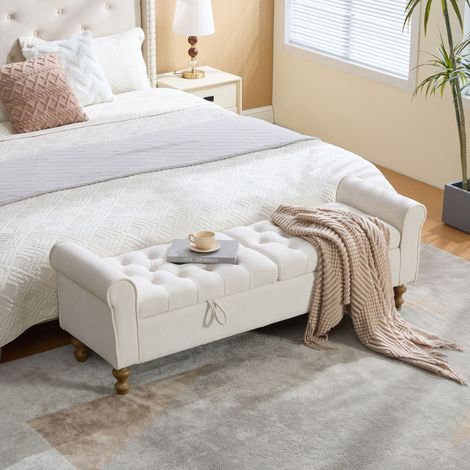 Banc coffre en velours beige avec rangement et accoudoirs 156 x 46 x 51 cm HOMAIRE (1/5)