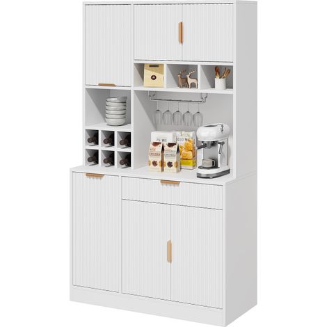 Buffet haut blanc multifonction, avec prises intégrées, USB-A et USB-C, porte-verres, range-bouteilles et étagères réglables pour cuisine et séjour - CHICFURN (1/5)