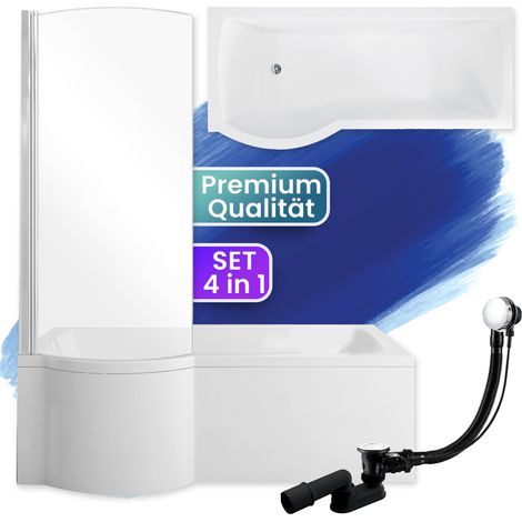 Badewanne Rechteck 160x70 Links + Glasabtrennung, Ablaufgarnitur & Füßen GRATIS - Komplettset 4in1 Original Acryl Wanne Siphon - BADLAND INSPIRO (1/5)