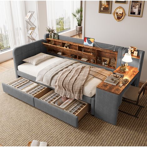 Tagesbett 90/200 cm grau aus Leinen und MDF mit Schreibtisch und 2 Schubladen (1/5)