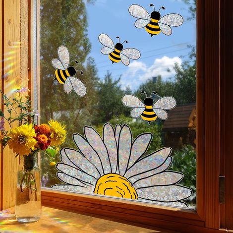 Autocollant Fenêtre Double Face - Tournesol et Abeille - Décoration Murale Statique pour Chambre d'Enfant - 1 Pièce (1/5)