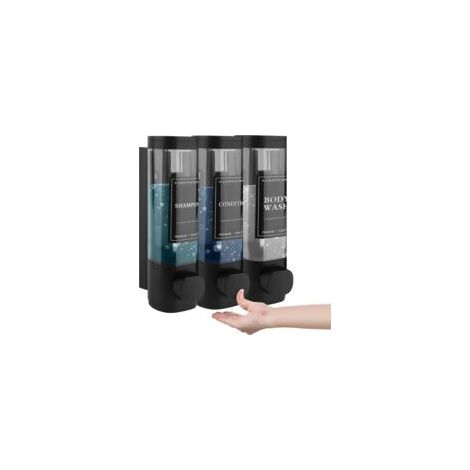 Dispenser di sapone a parete, dispenser di gel doccia, dispenser triplo per shampoo e balsamo, non richiede foratura, ABS, per bagno, cucina, mercato, hotel, ristorante, 300 ml (nero) - Crezuo