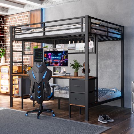 Lit mezzanine modulable 90x200/140x200 cm - Bandes LED RGB (7 couleurs) et ports USB (sans matelas) - Noir (1/5)