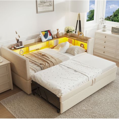 Schlafsofa 90/180x190 cm Beige Flanell mit Stauraum, LED-Beleuchtung und Steckdosen (1/5)