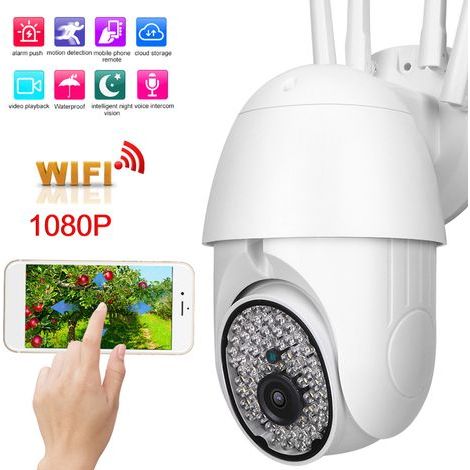 Caméra de surveillance extérieure PTZ WiFi Full HD 1080P, vision nocturne couleur, détection de mouvement, alimentation secteur 100‑240V avec adaptateur UE (1/5)