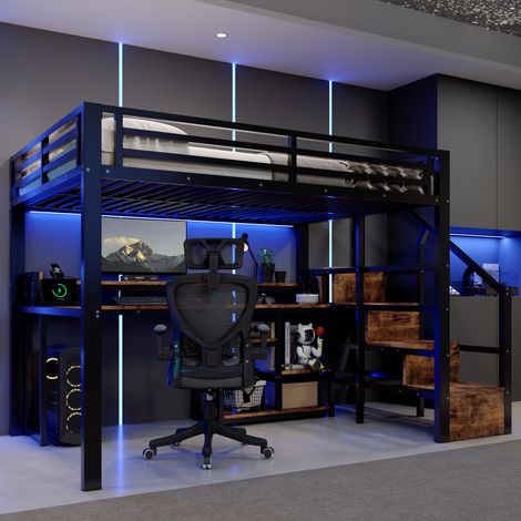 DESMIU Lit Mezzanine 140 × 200 cm avec Armoire Échelle, Étagères, USB, Type-C et LED, Sans Matelas, Noir (1/5)