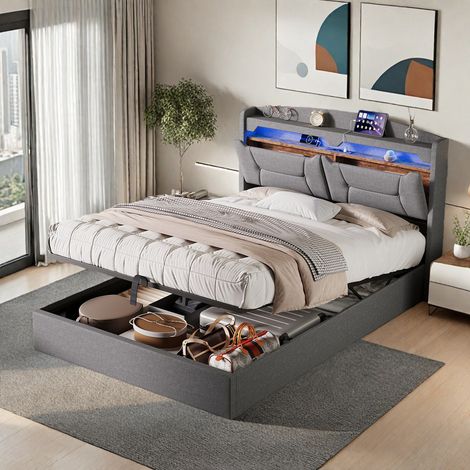 Lit double 140 x 190 avec sommier - Lit adulte avec bandeau lumineux LED - Tête de lit avec plusieurs espaces de rangement - Ports USB et Type-C - Lin gris (1/5)