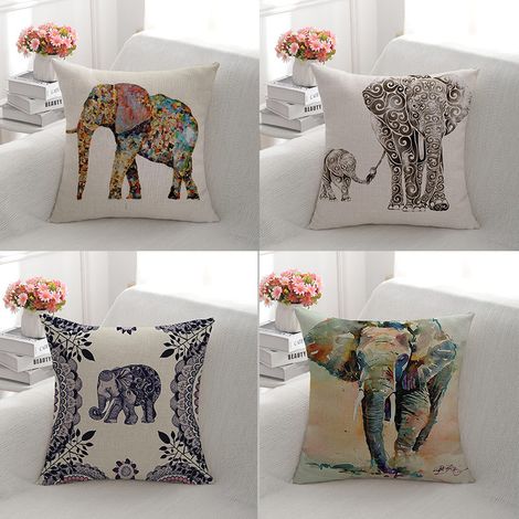 Lntyq Lot de 4 Housse de Coussin Canapé motif éléphant 45x45cm Taie d'oreiller Decoration en Lin pour Chambre,canapé, Lit,Jardin