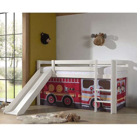 Cama Media Altura 90x200 con tobogán, somier y funda Bombero Vipack Pino Blanco (1/4)