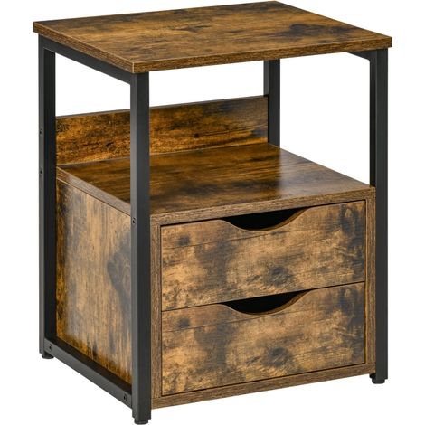 Industrial Side Table with Drawer, Sofa Table, Bedside Cabinet with Storage Shelf, Slim Nightstand for Living Room, Bedroom, Rustic Brown