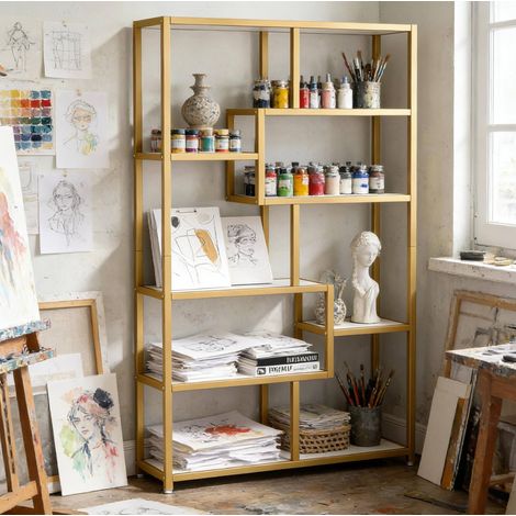 Libreria a giorno con 8 vani, metallo dorato e effetto marmo bianco, 100 x 30 x 180 cm (1/5)