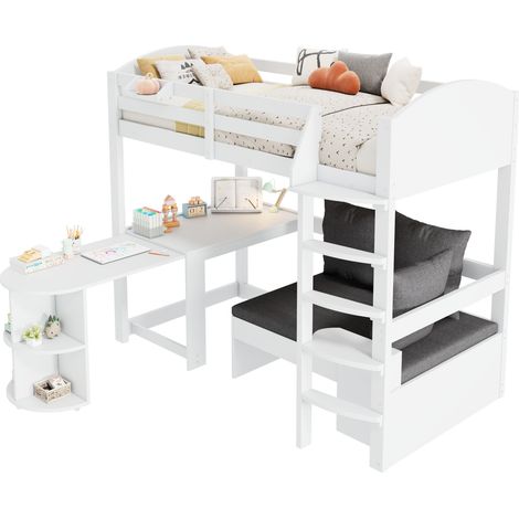 Letto a soppalco per bambini 90x200 cm bianco con scrivania estraibile, divano e contenitore HOMVRA (1/5)