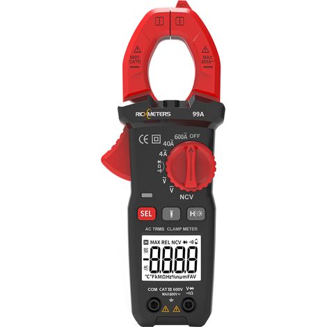 Digitales AC/DC-Zangenmultimeter 600A: Strommessung, Temperaturmessung, Kapazitätsmessung, Spannungsmessung, Widerstandsmessung