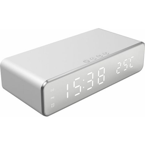 Digital alarm clock for bedroom. Electronic clock with 5W wireless charging for headphones and phone. Thermometer, temperature display, date display, 3 alarms (12/24H), LED mirror screen. Charging (1/5)