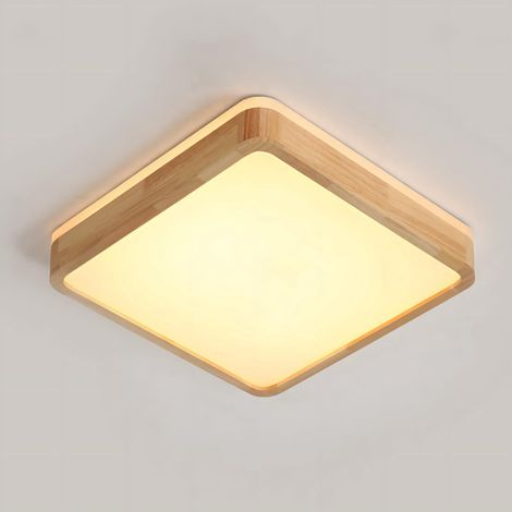 Plafonnier LED en Bois Naturel,Lampe Carrée 360° Blanc Chaud 3000K,18W 1600lm Éclairage Salon,Cuisine,Salle à Manger,Bureau,Chambre (1/5)