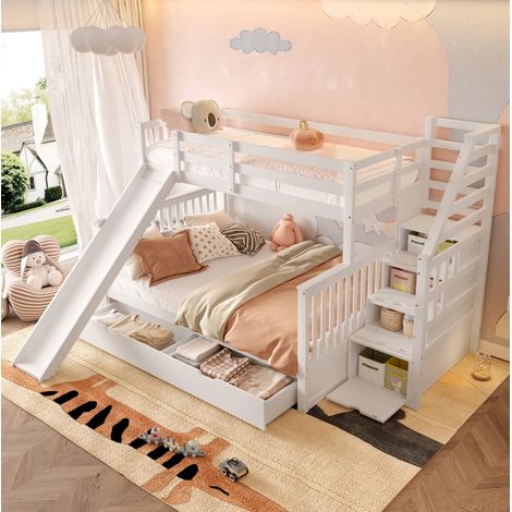 Letto a castello 90x200/140x200 cm bianco antico in pino e MDF con scivolo e cassetti (1/5)