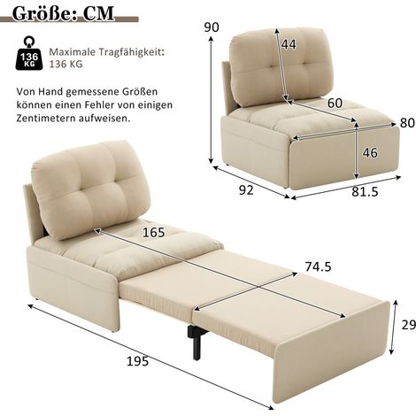 Canapé-lit multifonctionnel 2-en-1,fauteuil simple inclinable en lin,espace couchage 165×80 cm,confortable et compact pour les petits appartements.