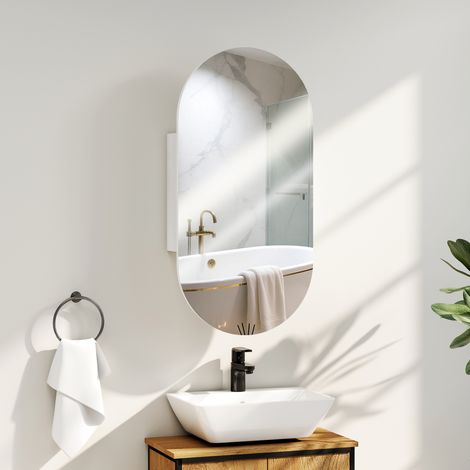 Blanc - Miroir ovale de salle de bain avec placard, miroir de rangement moderne mural avec deux étagères peu encombrantes, 45x90 cm