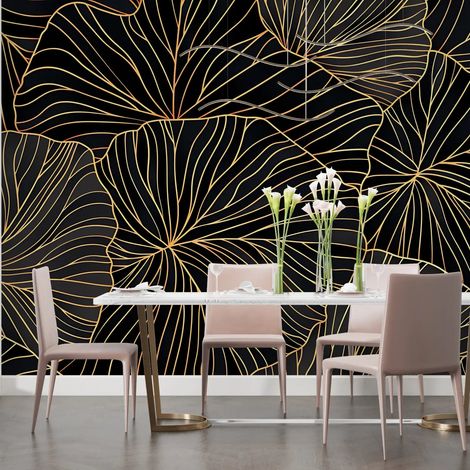 Papier Peint Feuillage – Grandes Palmes Dorées sur Fond Noir - 150 x 250 cm (1/2)