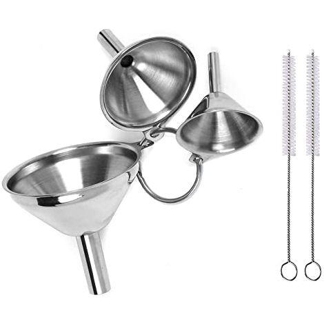 Set aus 3 Edelstahltrichtern für die Küche mit 2 Reinigungsbürsten und Griff, Mini-Stapeltrichter für Flüssigkeiten, Speiseöle und Pulver, 4,5/5,5/7,5 cm - (1/5)