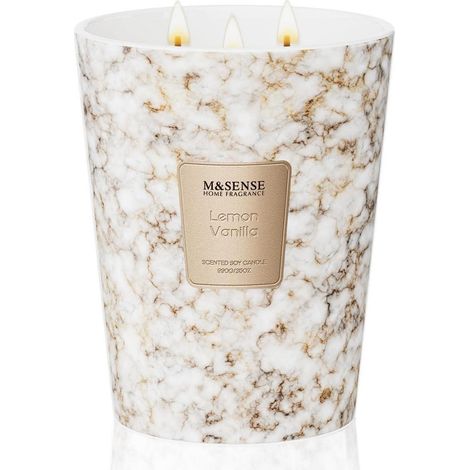 Bougie parfumée Citron Vanille 990g Cire de soja 150h de combustion 3 mèches Design marbre
