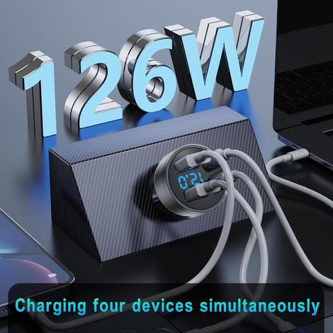 Caricabatterie per auto USB da 126 W, adattatore di ricarica rapida 2 PD+2 QC3.0 in metallo, caricabatteria per auto USB C a 4 porte con voltmetro a LED, ricarica rapida per iOS, Android, tablet (1/4)