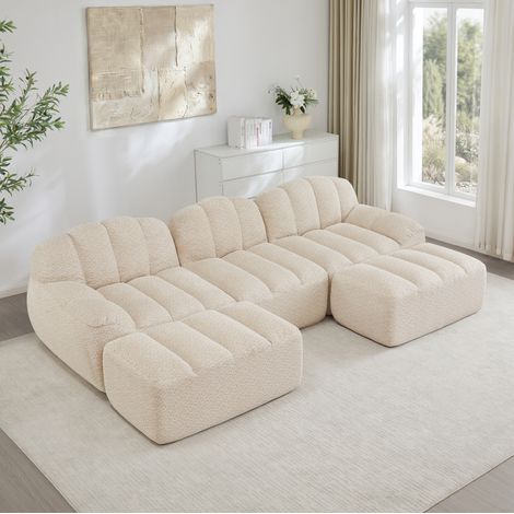 Canapé modulaire en U beige blanc en fleece granulé avec ottomans, mousse haute densité et assise profonde (1/5)