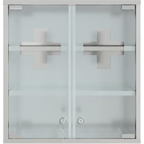 Armoire à pharmacie verrouillable avec 2 clés pliable 48 x 46 x 12 cm argent e pour salon clés, porte vitrée étagères, argentée (1/5)