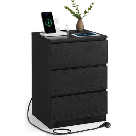 Mesita de noche con regleta mesa auxiliar con 3 cajones 2 tomas de CA 2 puertos USB frentes de cajón biselados para sala de estar dormitorio oficina negro moderno 120007609 (1/5)