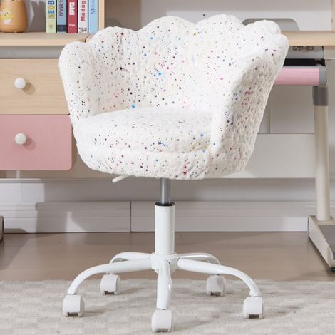 Wahson Kinder Schreibtischstuhl Höhenverstellbar, Kunstfell Drehstuhl Blütenblatt Schminktisch Stuhl, Bequemer Bürostuhl ergonomisch für Kinder Mädchen, Weiß